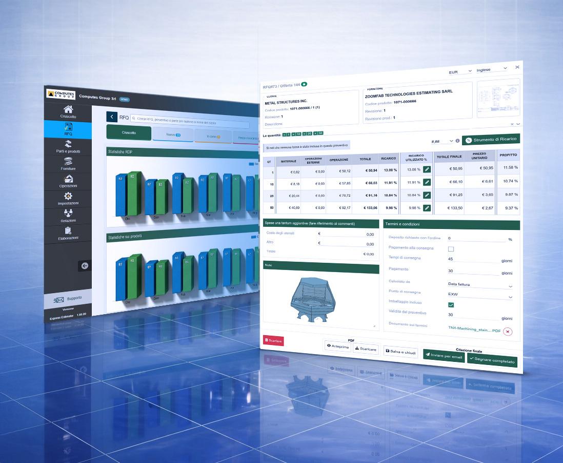Interfaccia software Computes Quote per la preventivazione nella lavorazione della lamiera con analisi costi, margini e dashboard dati